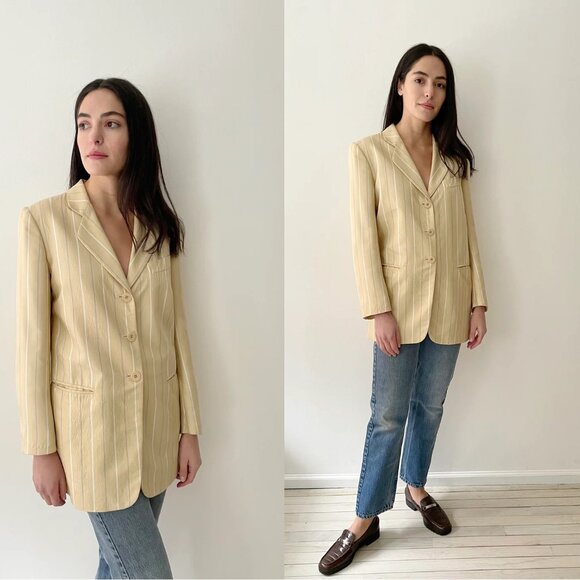 Vintage Giorgio Armani 100% Silk Stripe Blazer Jacket Buttery Yellow Sz 14 - Picture 3 of 16